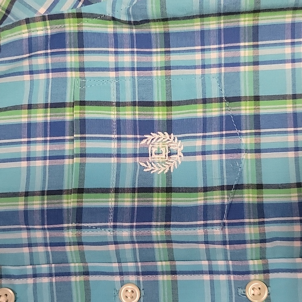 Chaps Boys 4T Button Up Plaid Short Sleeve Shirt with Collar Blue green white - Picture 2 of 7